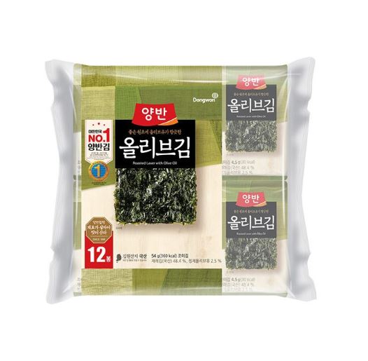 DONGWON Yangban Seasoned Seaweed with Olive Oil [12 Packs, 10 Sheets Each, 4.5g]