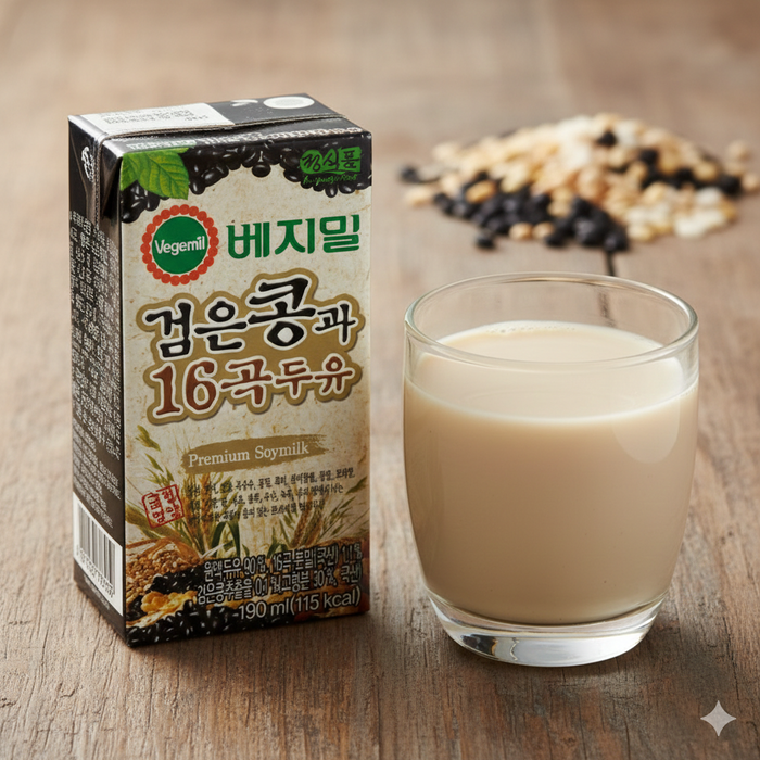 JUNGSFOOD Vegemil Black Bean 16 Grains Soymilk Korean Multi-Grain Drink 190ml × 16 Packs