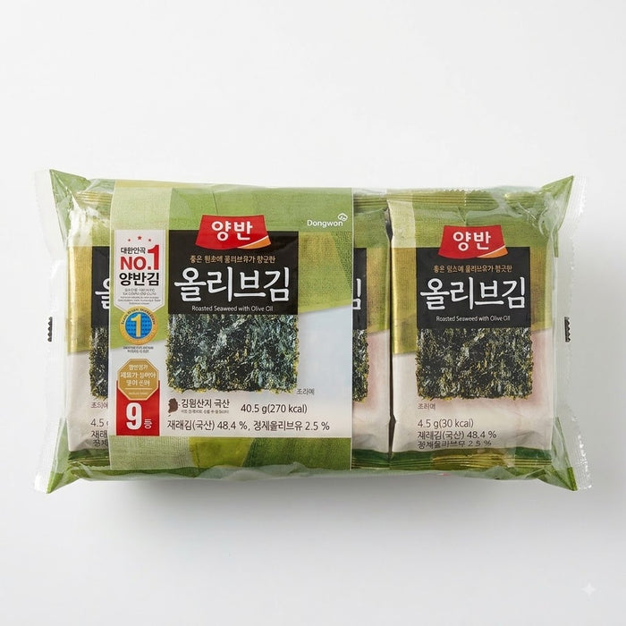 DONGWON YANGBAN Olive Oil Seasoned Seaweed 40.5g (4.5g × 9 Packs) – Korean Roasted Gim Snack