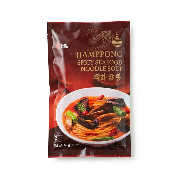 HANHARU Grilled Spicy Seafood Noodle Soup Jjamppong 446g (2 Servings) – Korean Fresh Noodles with Chargrilled Seafood Broth