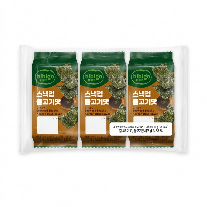 CJ bibigo Crispy Seaweed Snack Sesame Oil & Korean BBQ Flavor 5g × 3 Packs