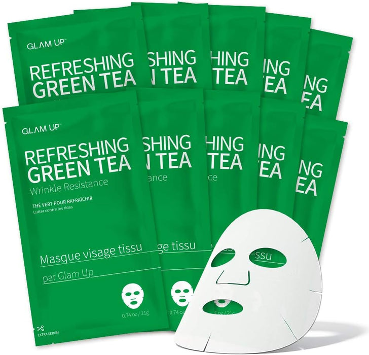 Glam up Sheet mask by BTS Refreshing Green Tea - Revitalize Dull Skin. Dark Circle Fighter Nature made Freshly packed Daily Skin Therapy Original K-Beauty Recipe x 10ea