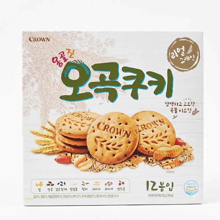 CROWN Five Grain Cookie 288g (12 Pack) – Korean Multigrain Biscuit with Whole Grains