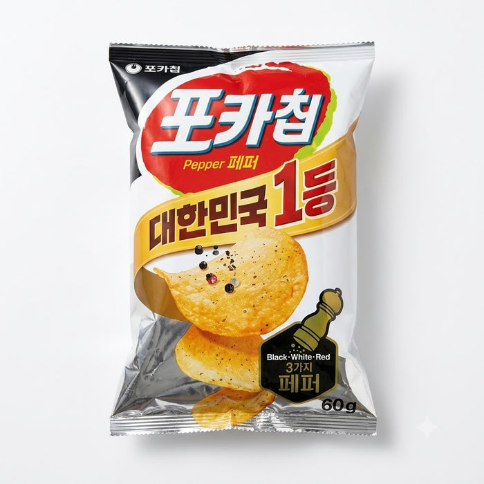 ORION POCACHIP Triple Pepper Potato Chips 60g – Korean Crispy Potato Chips with Black, White & Red Pepper