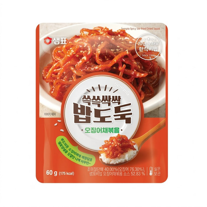SEMPIO Bapdoduk Spicy Stir-Fried Shredded Squid 60g – Korean Ready-to-Eat Ojingeochae Bokkeum Side Dish