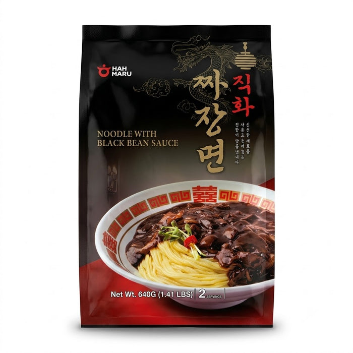 HANHARU Grilled Black Bean Noodles Jjajangmyeon 640g (2 Servings) – Korean Fresh Noodles with Chargrilled Black Bean Sauce