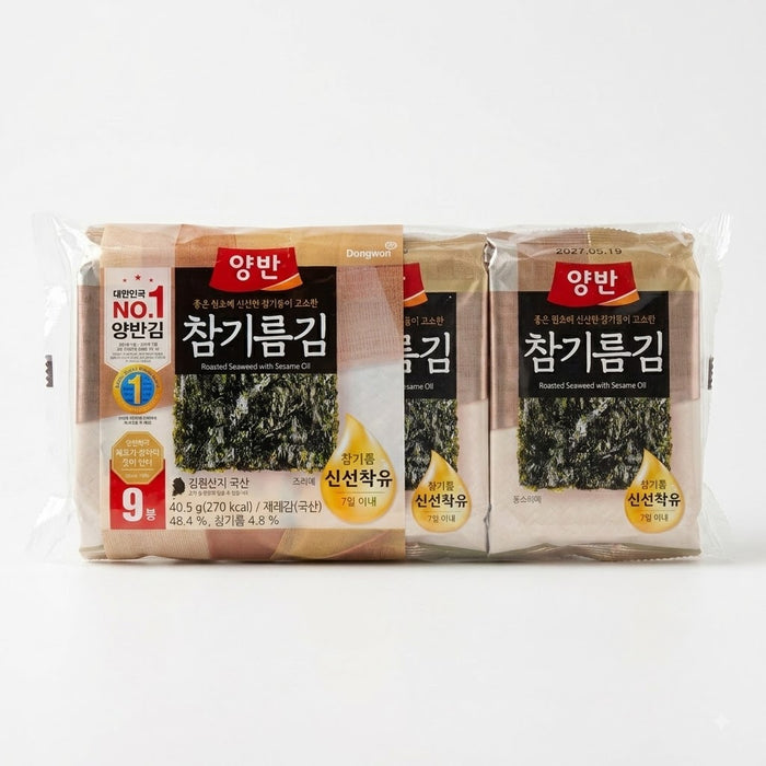 DONGWON YANGBAN Sesame Oil Seasoned Seaweed 40.5g (4.5g × 9 Packs) – Korean Roasted Gim