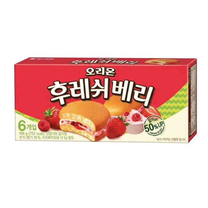 ORION Fresh Berry Strawberry Soft Cake 168g (6 Packs) – Korean Strawberry Cream & Jam Filled Sponge Cakes