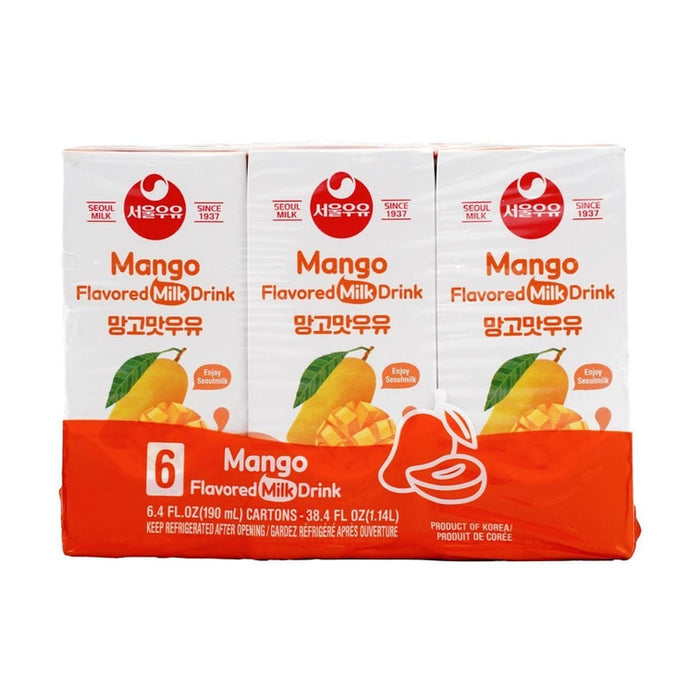 SEOUL MILK Mango Flavored Sterilized Milk 190ml × 6 Pack – Korean Long-Life Mango Milk