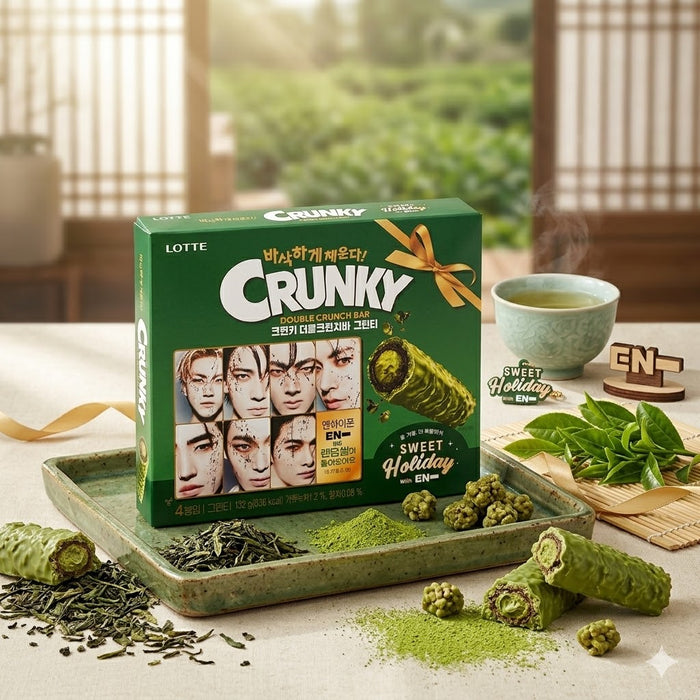 LOTTE Crunky Double Crunch Bar Green Tea Chocolate Wafer Snack Gift Box 132g (33g × 4 Bars)