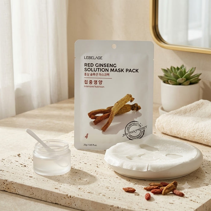 LEBELAGE Red Ginseng Solution Mask Pack 25g × 10 Sheets – Intensive Nutrition & Moisturising Korean Sheet Mask