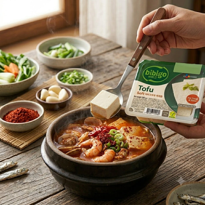 BIBIGO Soft Tofu for Korean Stews & Soups 300g – Firm Tofu for Jjigae, Hot Pot & Cooking