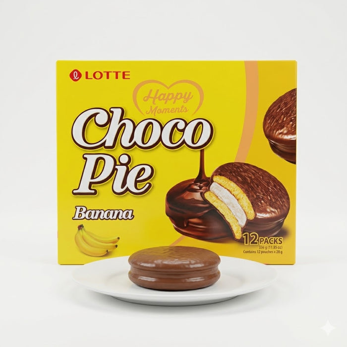 LOTTE Choco Pie Banana Marshmallow Chocolate Cake Snack 336g (12 Packs)