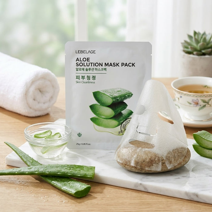 LEBELAGE Aloe Solution Mask Pack 25g × 10 Sheets – Soothing & Hydrating Korean Facial Sheet Mask
