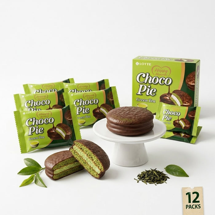 LOTTE Green Tea Choco Pie Matcha Marshmallow Chocolate Cake Snack 336g (12 Individually Wrapped Cakes)