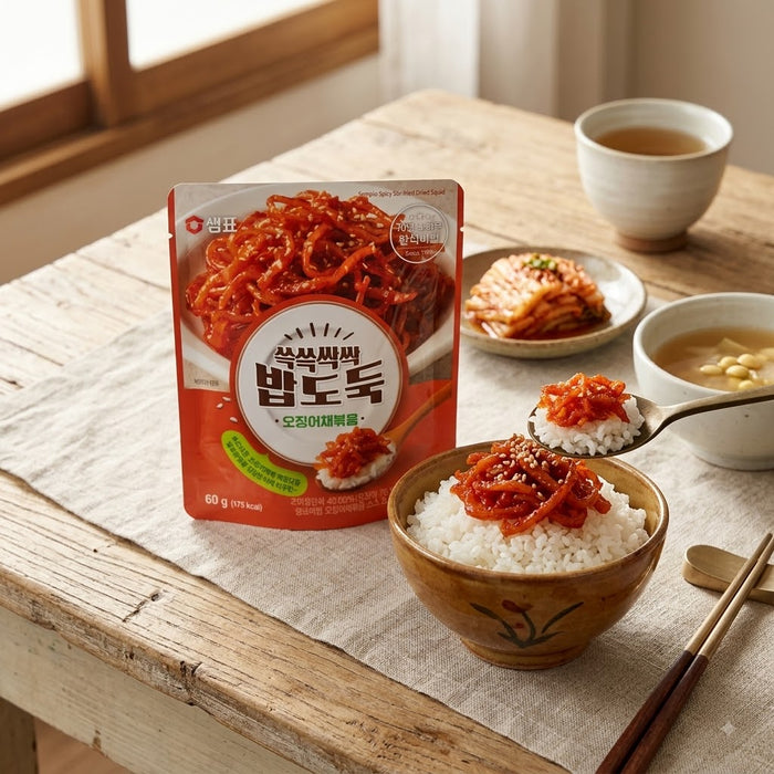SEMPIO Bapdoduk Spicy Stir-Fried Shredded Squid 60g – Korean Ready-to-Eat Ojingeochae Bokkeum Side Dish
