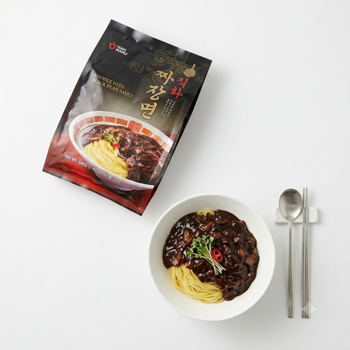 HANHARU Grilled Black Bean Noodles Jjajangmyeon 640g (2 Servings) – Korean Fresh Noodles with Chargrilled Black Bean Sauce