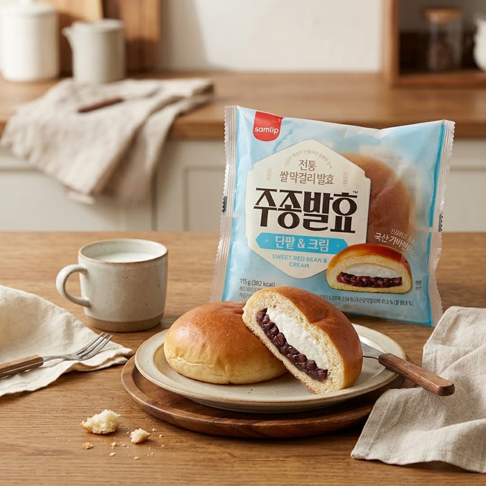 SAMLIP Frozen Sweet Red Bean & Cream Bun – Korean Rice Makgeolli-Fermented Bread 115g