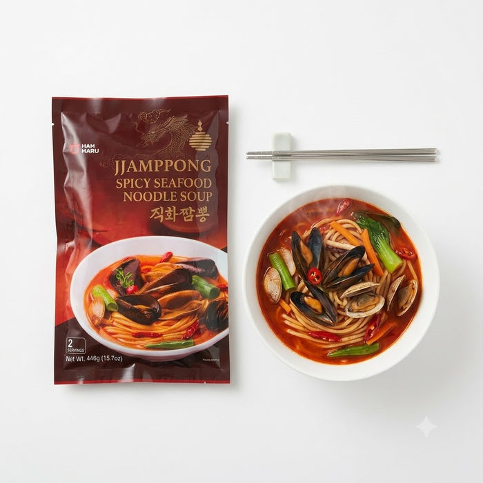 HANHARU Grilled Spicy Seafood Noodle Soup Jjamppong 446g (2 Servings) – Korean Fresh Noodles with Chargrilled Seafood Broth