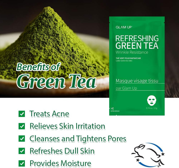 Glam up Sheet mask by BTS Refreshing Green Tea - Revitalize Dull Skin. Dark Circle Fighter Nature made Freshly packed Daily Skin Therapy Original K-Beauty Recipe x 10ea