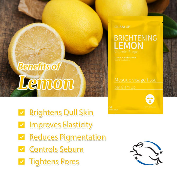 GLAM UP Lemon Sheet Mask (10 Sheets) Clean Face Masks Skincare, Hydrating Face Masks, Moisturizing, Soothing
