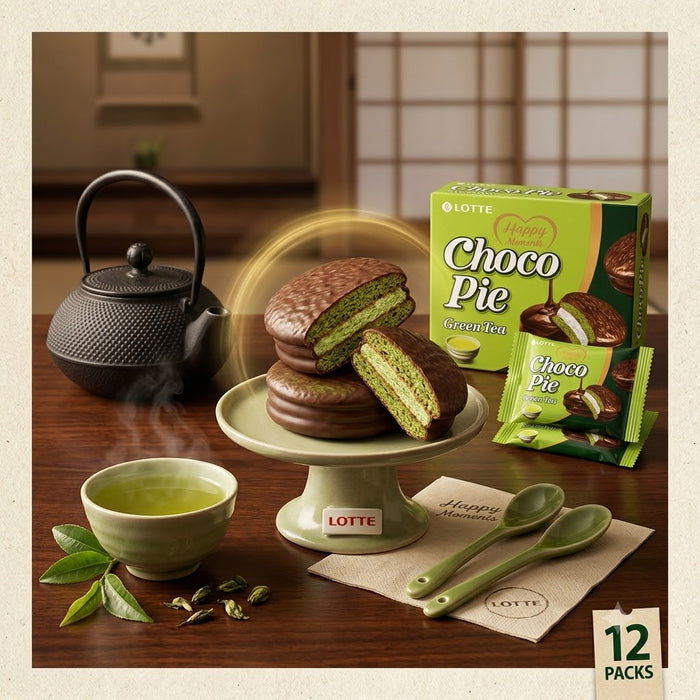 LOTTE Green Tea Choco Pie Matcha Marshmallow Chocolate Cake Snack 336g (12 Individually Wrapped Cakes)