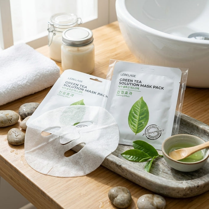 LEBELAGE Green Tea Solution Mask Pack 25g × 10 Sheets – Calming Korean Sheet Masks with Green Tea Extract