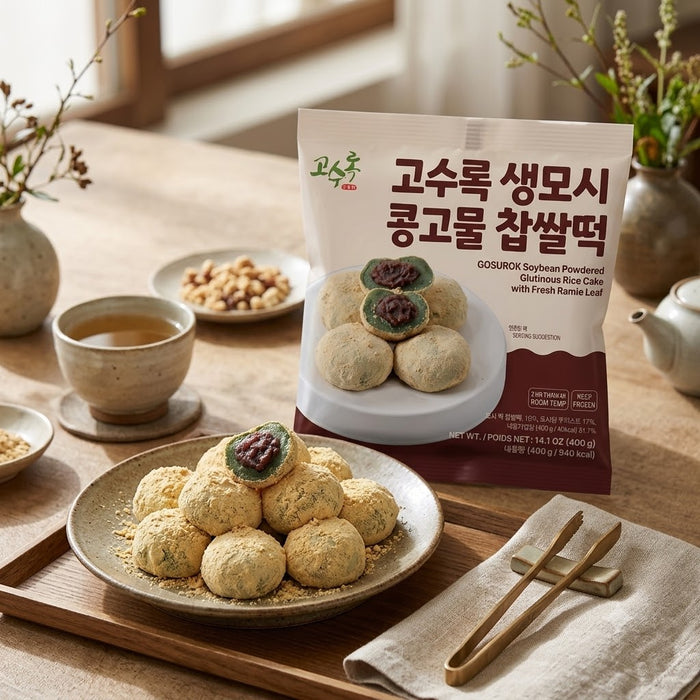 GOSUROK Frozen Soybean-Coated Chapssaltteok with Ramie Leaf & Red Bean Filling 400g