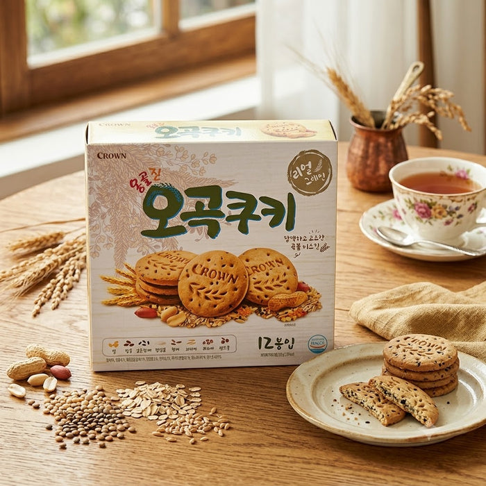 CROWN Five Grain Cookie 288g (12 Pack) – Korean Multigrain Biscuit with Whole Grains