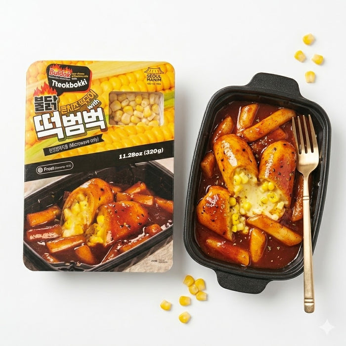 RODEM Buldak Corn Cheese Tteokbokki Rice Cake Bowl Frozen Korean Spicy Cheese Tteokbokki Meal 320g