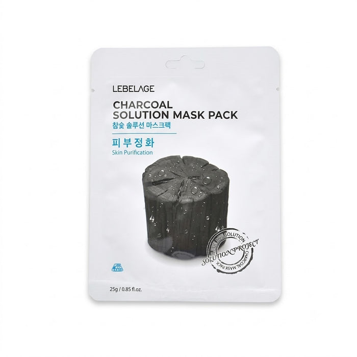 LEBELAGE Charcoal Solution Mask Pack 25g × 10 Sheets – Purifying Korean Facial Sheet Mask with Charcoal Powder