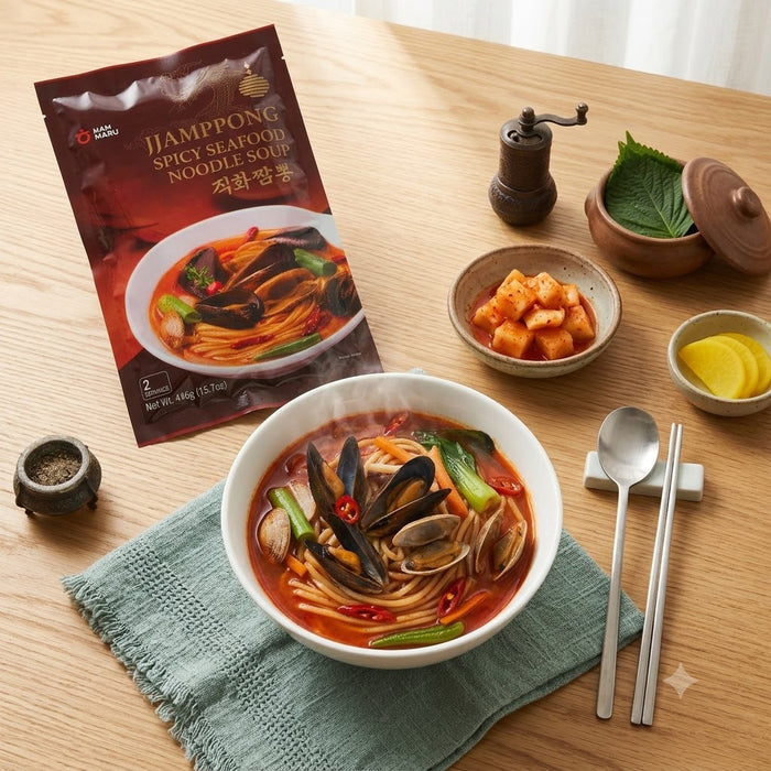 HANHARU Grilled Spicy Seafood Noodle Soup Jjamppong 446g (2 Servings) – Korean Fresh Noodles with Chargrilled Seafood Broth