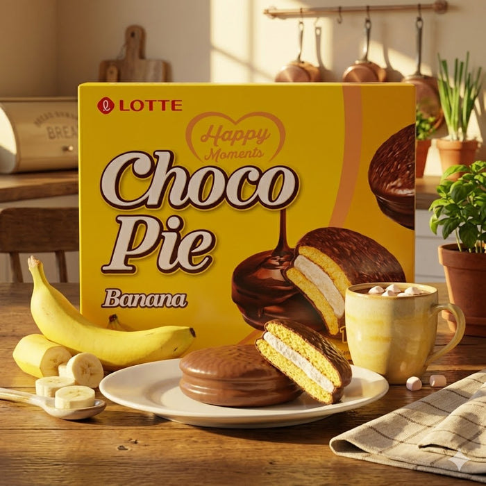 LOTTE Choco Pie Banana Marshmallow Chocolate Cake Snack 336g (12 Packs)