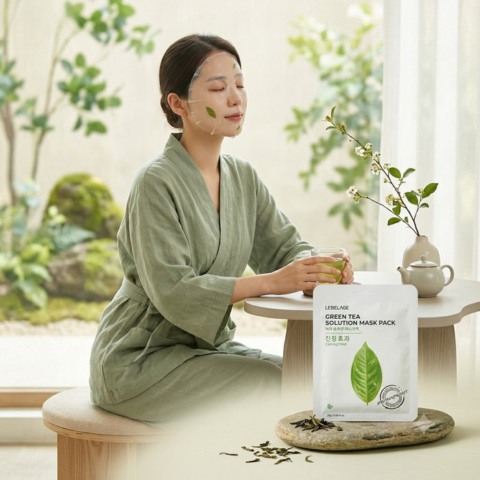 LEBELAGE Green Tea Solution Mask Pack 25g × 10 Sheets – Calming Korean Sheet Masks with Green Tea Extract