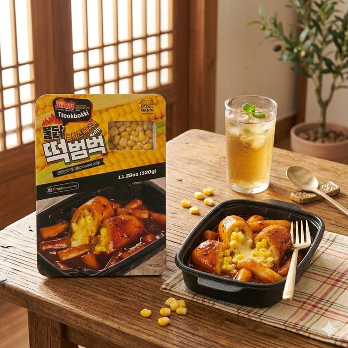 RODEM Buldak Corn Cheese Tteokbokki Rice Cake Bowl Frozen Korean Spicy Cheese Tteokbokki Meal 320g