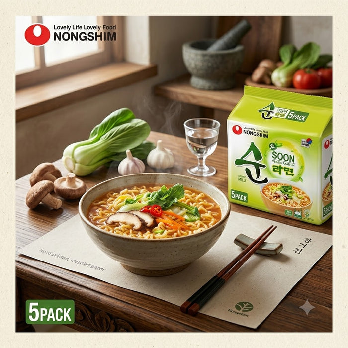 NONGSHIM Soon Veggie Ramyun Mild Korean Vegan Instant Noodles Multipack 560g (112g × 5 Packs)