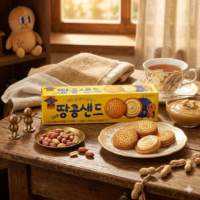 CROWN Kookhee Peanut Cream Sandwich Biscuits – Korean Nutty Cookies 93g