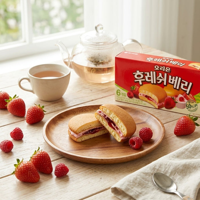 ORION Fresh Berry Strawberry Soft Cake 168g (6 Packs) – Korean Strawberry Cream & Jam Filled Sponge Cakes