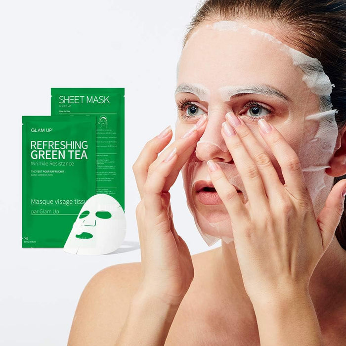 Glam up Sheet mask by BTS Refreshing Green Tea - Revitalize Dull Skin. Dark Circle Fighter Nature made Freshly packed Daily Skin Therapy Original K-Beauty Recipe x 10ea