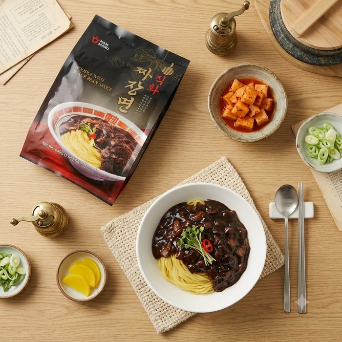 HANHARU Grilled Black Bean Noodles Jjajangmyeon 640g (2 Servings) – Korean Fresh Noodles with Chargrilled Black Bean Sauce
