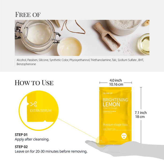GLAM UP Lemon Sheet Mask (10 Sheets) Clean Face Masks Skincare, Hydrating Face Masks, Moisturizing, Soothing