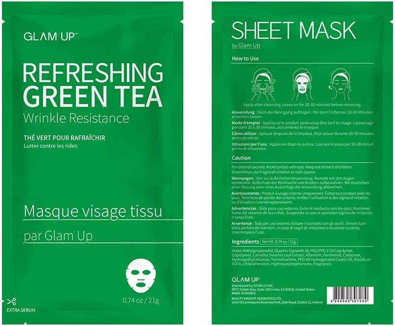 Glam up Sheet mask by BTS Refreshing Green Tea - Revitalize Dull Skin. Dark Circle Fighter Nature made Freshly packed Daily Skin Therapy Original K-Beauty Recipe x 10ea