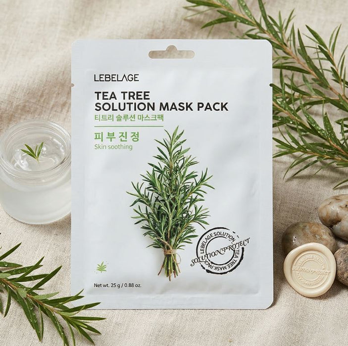 LEBELAGE Tea Tree Solution Mask Pack 25g × 10 Sheets – Soothing Korean Facial Sheet Mask for Sensitive Skin